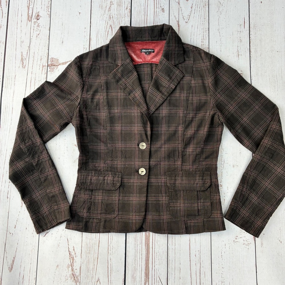 Mandee Womens Brown Plaid Two Button Blazer Jacket Small Pink Accents